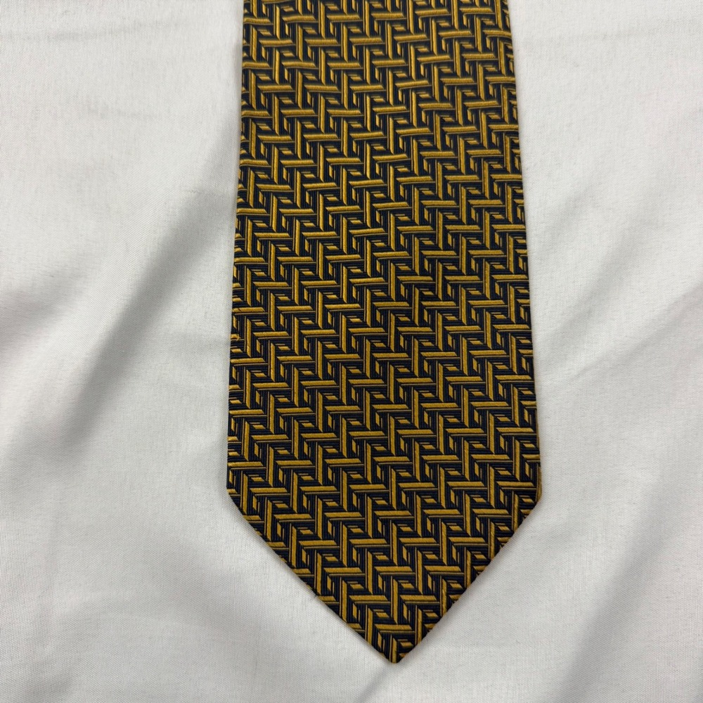 Joseph A Bank Necktie Mens 64"x3.75" Extra Long Gold Black Geometric Silk Italy